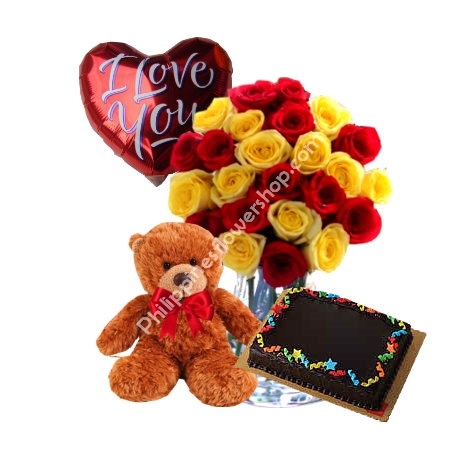 send 24 mixed roses in vase bear balloon with cake to philippines